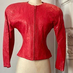 Vintage 80's Vakko RED Embroidered Fitted Cropped Leather Moto Jacket - Sz 4 SM
